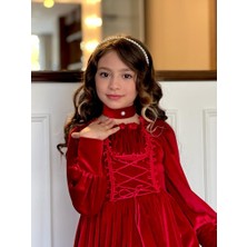 Kids Kız Çocuk Kadife Elbise Taç Çanta Kolye