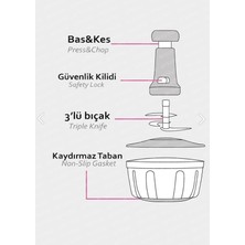 Pratik Mağazam  Manuel Üstten Basmalı 3 Bıçaklı Kilitlenebilir Meyve Sebze Doğrayıcı El Rondosu