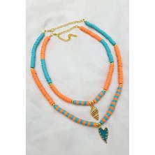 Petek Aksesuar 2 Li Turuncu Turkuaz Fimo Kalp Midye Kolye