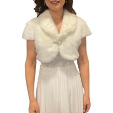 Newin Style Beyaz Kısa Kollu Broş Detaylı Gelinlik Ceket Etol Kürk Bolero Gelin Şal