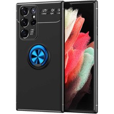 Kılıfmania Samsung Galaxy S22 Ultra Kılıf Renkli Yüzüklü Manyetik Silikon Kapak Siyah - Mavi