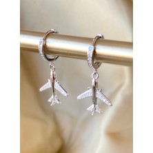 Alaja Silver Uçak Beyaz Taşlı Parlak Tasarım 925 Ayar Gümüş Küpe