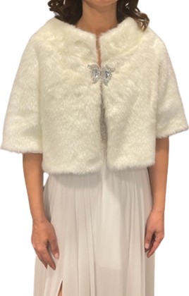 New in Style Newin Style Beyaz Yarım Kollu Kristal Broşlu Gelinlik Şal Etol Kürk Bolero Gelin Pelerin