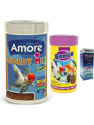 Amore Japon Balığı Yemi Gold Mix 1000 + 250 ml Kutu ve Vitamin Seti, Bonisa 1000 ml + 250 ml + 30 cc
