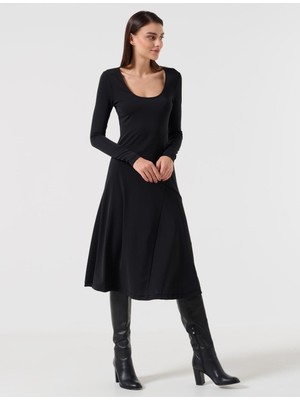 Jimmy Key Kadın Siyah Dar Kesim U Yaka Uzun Kollu Örme Elbise