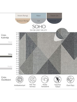 Cool Halı Soho Sh 08 Grey Multy Gri Multi Hav Toz Vermez Etnik Örgü Desen Hasır Dokuma Kesme Yolluk Modern Salon Halısı