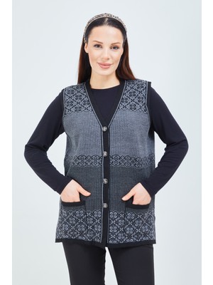 Fresh Moda Kadın Siyah Gri  Desenli Triko Düğmeli Cepli Kışlık Anne Yeleği