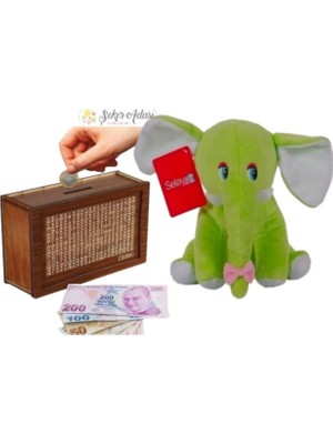 Şeker Adası Sevimli Fil 20 cm Peluş Oyuncak ve Ahşap 10.000 Hedefli Kumbara Para Biriktirme Kutusu