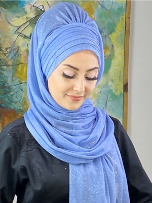 Butik Ambar Simli Mavi Abiye Tesettür Şal