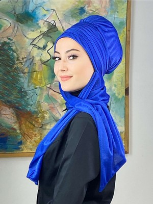 Butik Ambar Simli Saks Mavi Atkılı Abiye Tesettür Bone