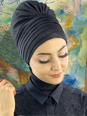 Butik Ambar Simli Siyah Atkılı Abiye Tesettür Bone