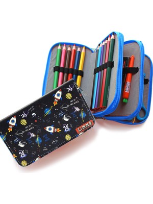 Limmy Kalem Kutusu Astronot Uzay Galaksi Desenli Kawai Organizer Kalemkutu Üç Bölmeli Kalemlik -Mavi