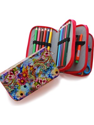 Limmy Kalem Kutusu Etnik Çiçek Buta Desenli Kawai Organizer Kalemkutu Üç Bölmeli Kalemlik