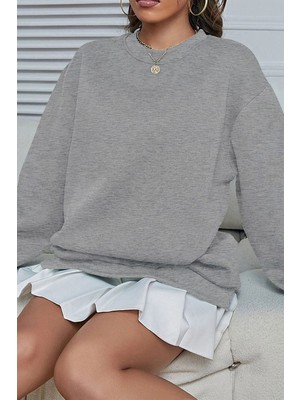 Millionaire Kadın Gri Melanj Basic 0 Sıfır Yaka Baskısız Düz Oversize Salaş Bol Kesim Polar Sweatshirt