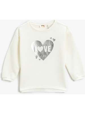 Koton Ribbanalı Sweatshirt Parlak Kalp Baskılı Bisiklet Yaka
