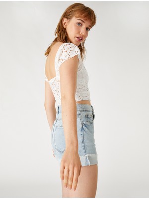 Koton Crop Tişört Brode Kare Yaka