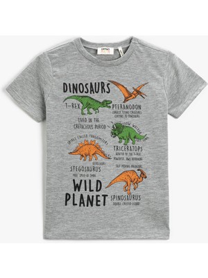 Koton Dinozor Baskılı Kısa Kollu Tişört Bisiklet Yaka