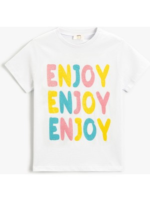 Koton Kısa Kollu Simli Baskılı Tişört Bisiklet Yaka Pamuklu