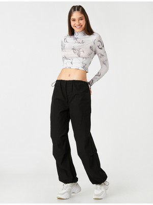 Koton Uzun Kollu Tişört Crop Dik Yaka Desenli