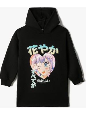 Koton Sweat Elbise Animasyon Baskılı Kapşonlu Uzun Kollu