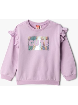 Koton Fırfırlı Baskılı Sweatshirt Uzun Kollu Bisiklet Yaka Şardonlu