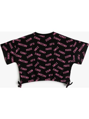 Koton Crop Oversize Tişört Kısa Kollu Baskılı Yanları Fiyonk Detaylı Bisiklet Yaka