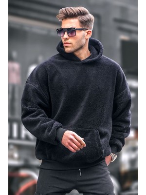 Madmext Siyah Peluş Kapüşonlu Erkek Sweatshirt 6050