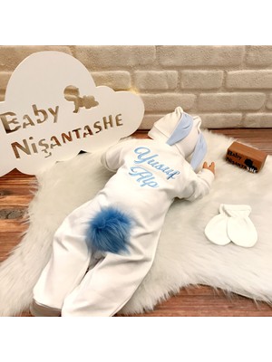 Baby Nisantashe Isme Özel Nakışlı Tavşan Tulum Takımı Beyaz