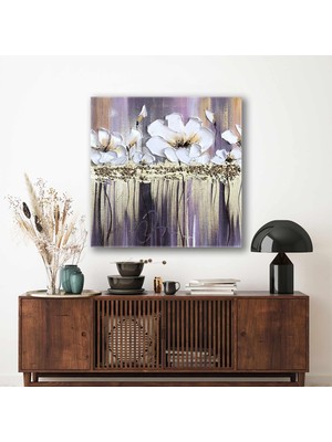 SML Tablo Altın Yaldızlı Beyaz Büyük Çiçekler Fırça Izleri Kanvas Tablo