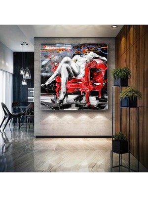 SML Tablo Kırmızı Koltukta Oturan Kadın ve Manzarası Kanvas Tablo