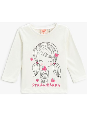 Koton Uzun Kollu Tişört Pamuklu Kız ve Çilek Grafik Baskılı