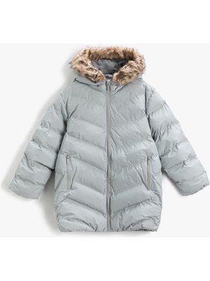 Koton Uzun Şişme Mont Suni Kürk Detaylı Kapşonlu Fermuarlı Cepli