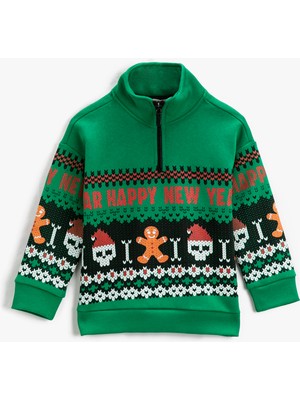 Koton Dik Yaka Yarım Fermuarlı Sweatshirt Yılbaşı Temalı Kuru Kafa Baskılı