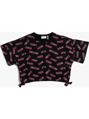Koton Crop Oversize Tişört Kısa Kollu Baskılı Yanları Fiyonk Detaylı Bisiklet Yaka