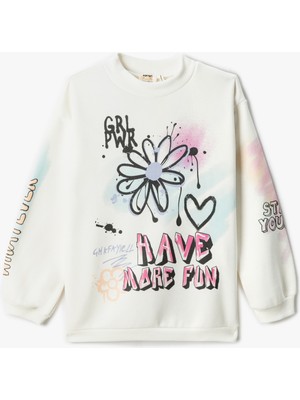 Koton Grafiti Temalı Çiçek Baskılı Sweatshirt Uzun Balon Kollu Bisiklet Yaka