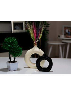 Stonnish Halka Vazo Taş Tozu Malzemeden Tematik Tasarım 20 cm Krem ve Siyah Renkli 2 Li Set