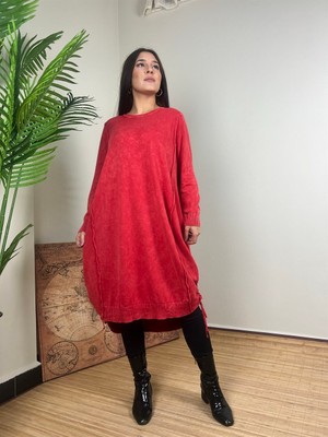 Qashmir Kadın Yıkamalı Pamuk Tunik Elbise - Kırmızı