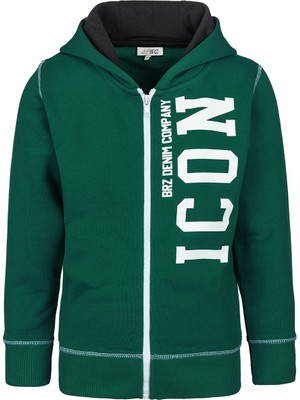 BRZ Collection Erkek Çocuk Yeşil Kapüşonlu Fermuarlı Sweatshirt Uzun Kol Grafik Desenli
