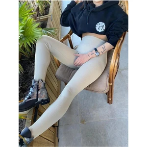 DAXİS Sportwear Company Kadın Bej Yüksek Bel Dikişsiz Fitilli Tayt