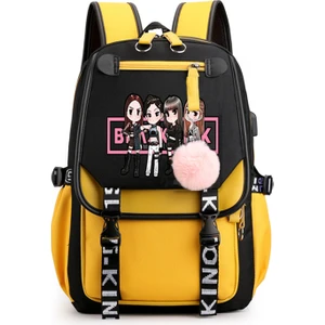Gshopper Blackpink Temalı USB Şarjlı Sırt Çantası - Siyah / Sarı (Yurt Dışından)