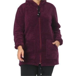 Kadın Mürdüm Kapüşonlu Büyük Beden Cepli Peluş Mont