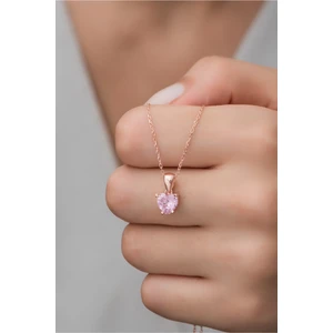 925 Ayar Gümüş Pembe Taşlı Kalp Kolye