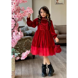 Kız Çocuk Kadife Elbise Taç Çanta Kolye