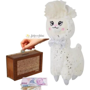 Şeker Adası Sevimli Beyaz Lama 28 cm Peluş Oyuncak ve Ahşap 10.000 Hedefli Kumbara Para Biriktirme Kutusu
