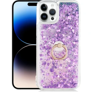 Kny Apple Apple iPhone 14 Pro Max Kılıf Sıvılı Kalpli Yüzüklü Hareketli Milce Kapak