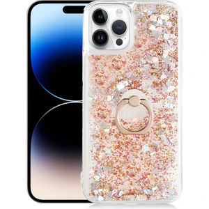 Kny Apple Apple iPhone 14 Pro Max Kılıf Sıvılı Kalpli Yüzüklü Hareketli Milce Kapak