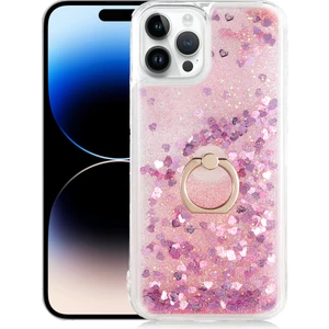 Kny Apple Apple iPhone 14 Pro Max Kılıf Sıvılı Kalpli Yüzüklü Hareketli Milce Kapak
