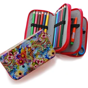 Kalem Kutusu Etnik Çiçek Buta Desenli Kawai Organizer Kalemkutu Üç Bölmeli Kalemlik