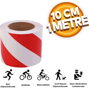 Reflektörlü Reflektif Fosforlu Şerit Bant 10 cm 1 Metre Ikaz Bandı Kırmızı Beyaz