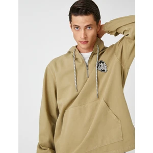 Kuru Kafa Işlemeli Kapşonlu Sweatshirt Cep Detaylı Pamuklu
